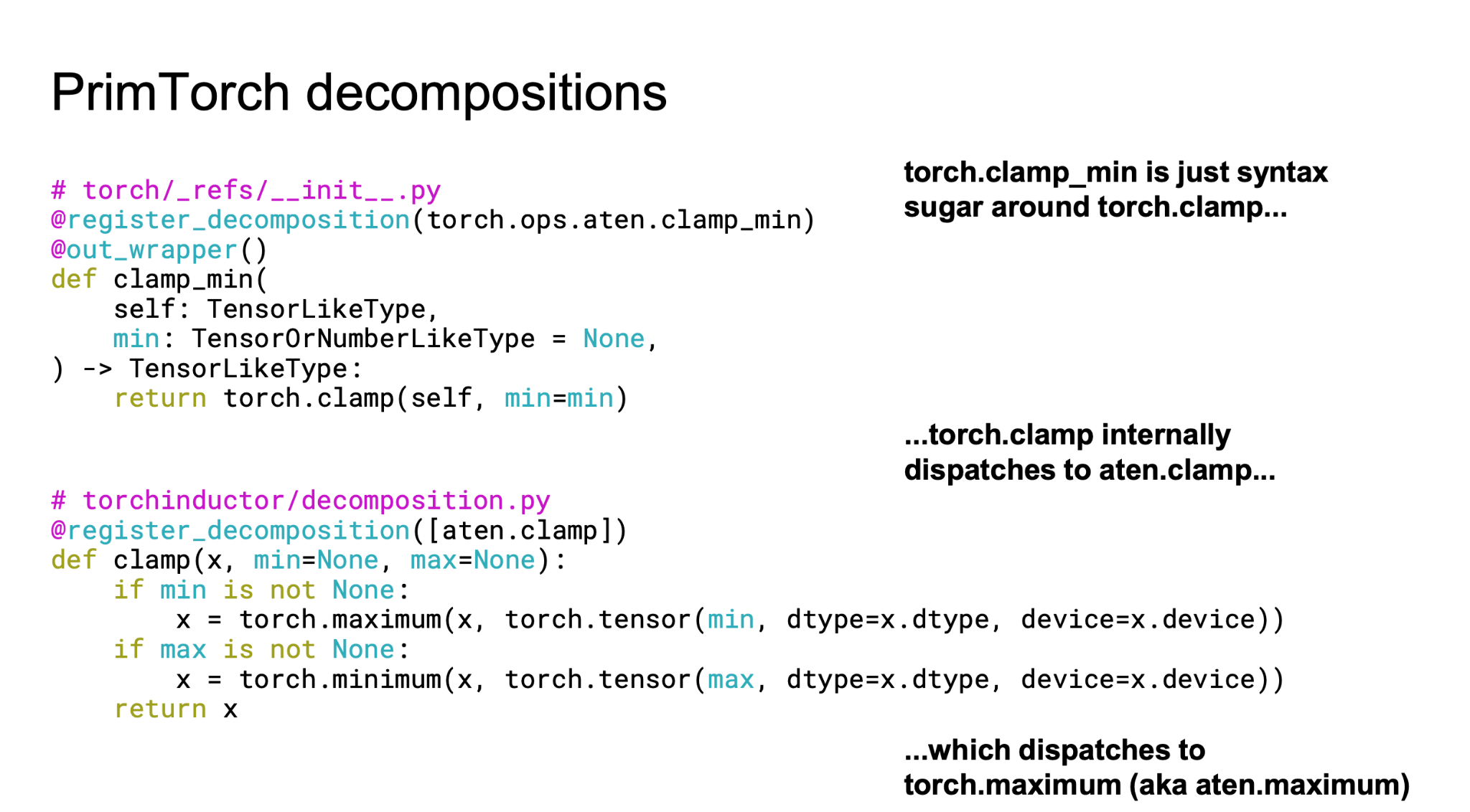 clamp_min이 clamp → maximum으로 분해되는 PrimTorch decomposition 코드 예제