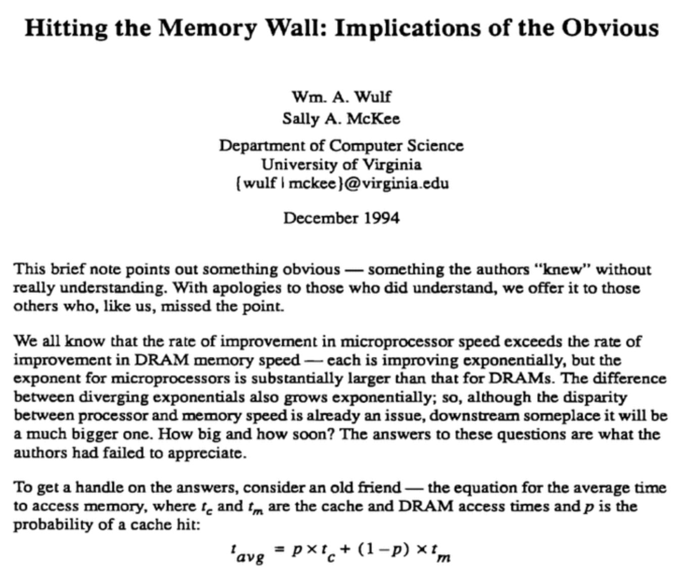 Wulf & McKee의 논문 'Hitting the Memory Wall: Implications of the Obvious' 첫 페이지(December 1994 표기)